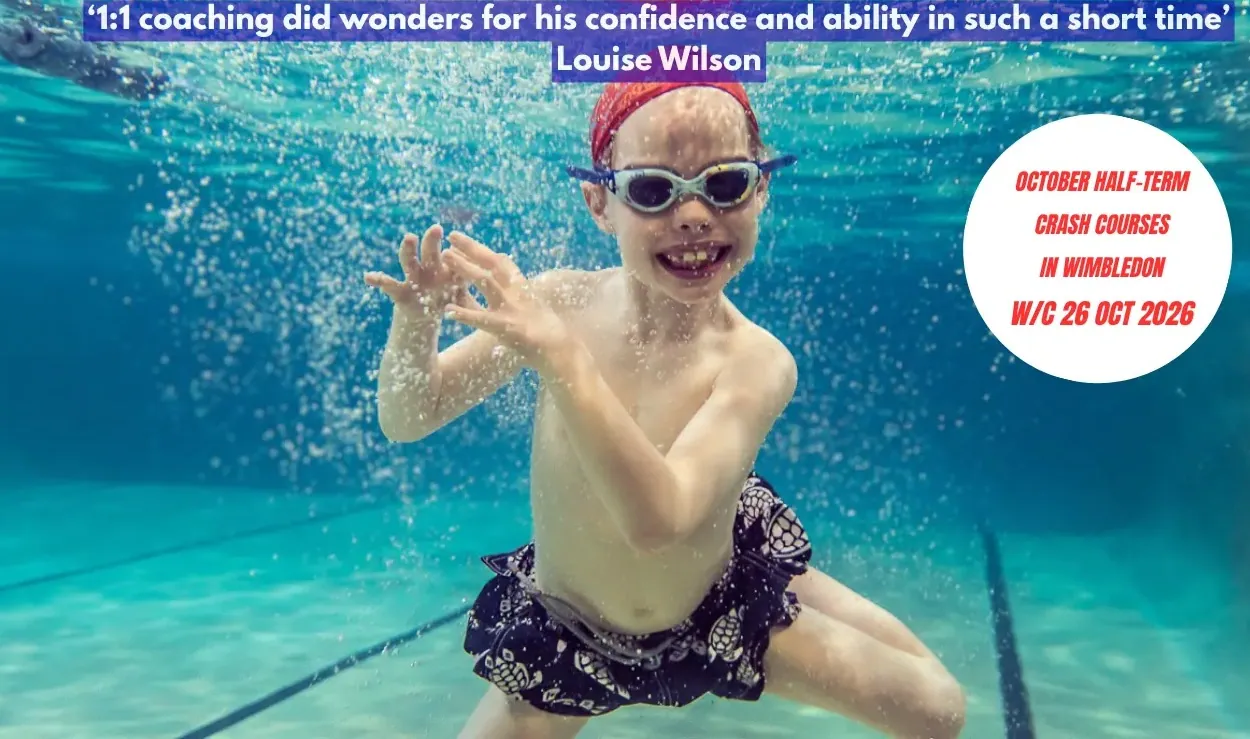 Smiling boy in goggles swimming underwater – October half-term children’s swimming crash course in Wimbledon, w/c 26 Oct 2026
