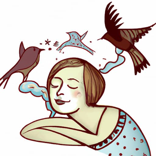 sleeping woman dreaming about many birds