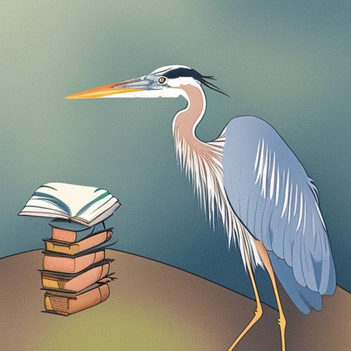 great blue heron with a book
