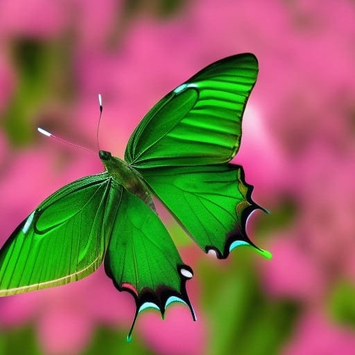 a green butterfly flies above flowers
