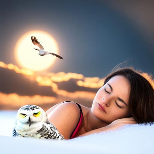 sleeping woman dreaming about snowy owl