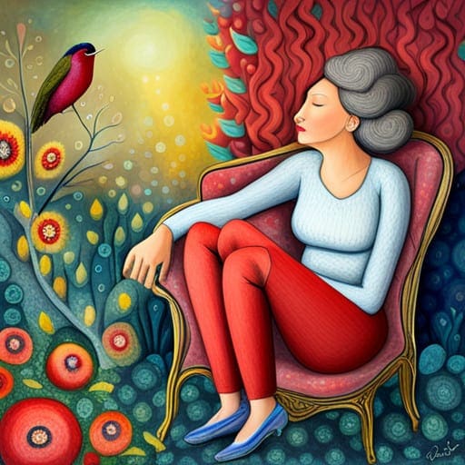 sleeping woman dreaming about a little robin bird