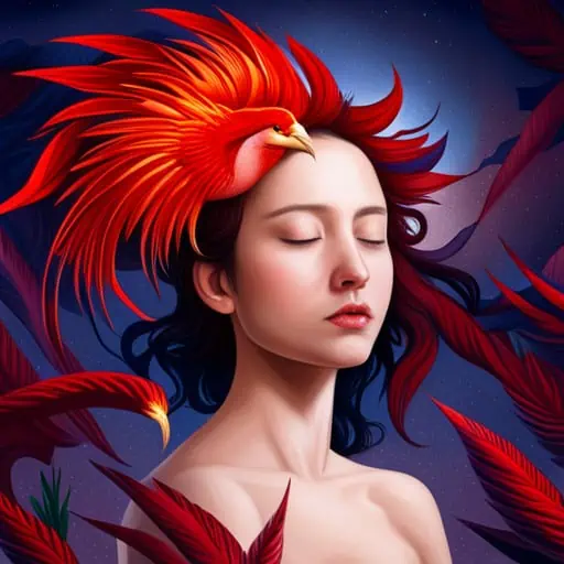 sleeping woman dreaming about a red phoenix bird