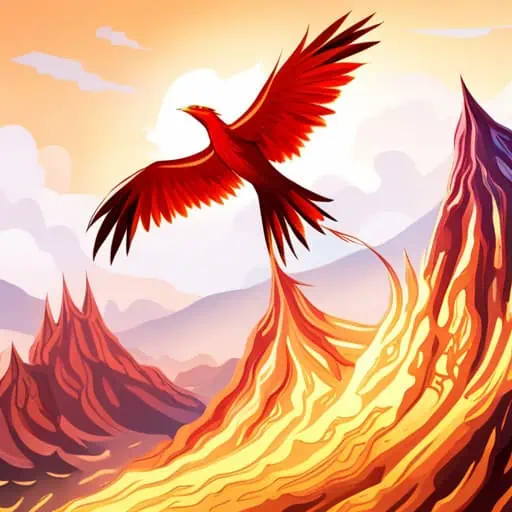 red phoenix flying over a mountain