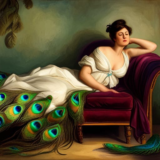 sleeping woman dreaming about peacock feathers
