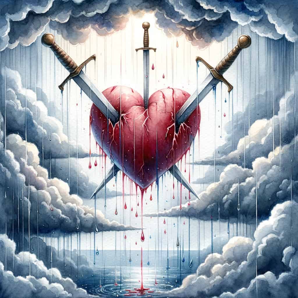 Watercolor painting of a heart floating against a backdrop of a turbulent sky. Three swords pierce the heart, representing the multifaceted pain of betrayal, separation, and loss. The storm clouds convey the emotional chaos, while the falling rain emphasizes the healing and transformative aspect of accepting and processing pain.
