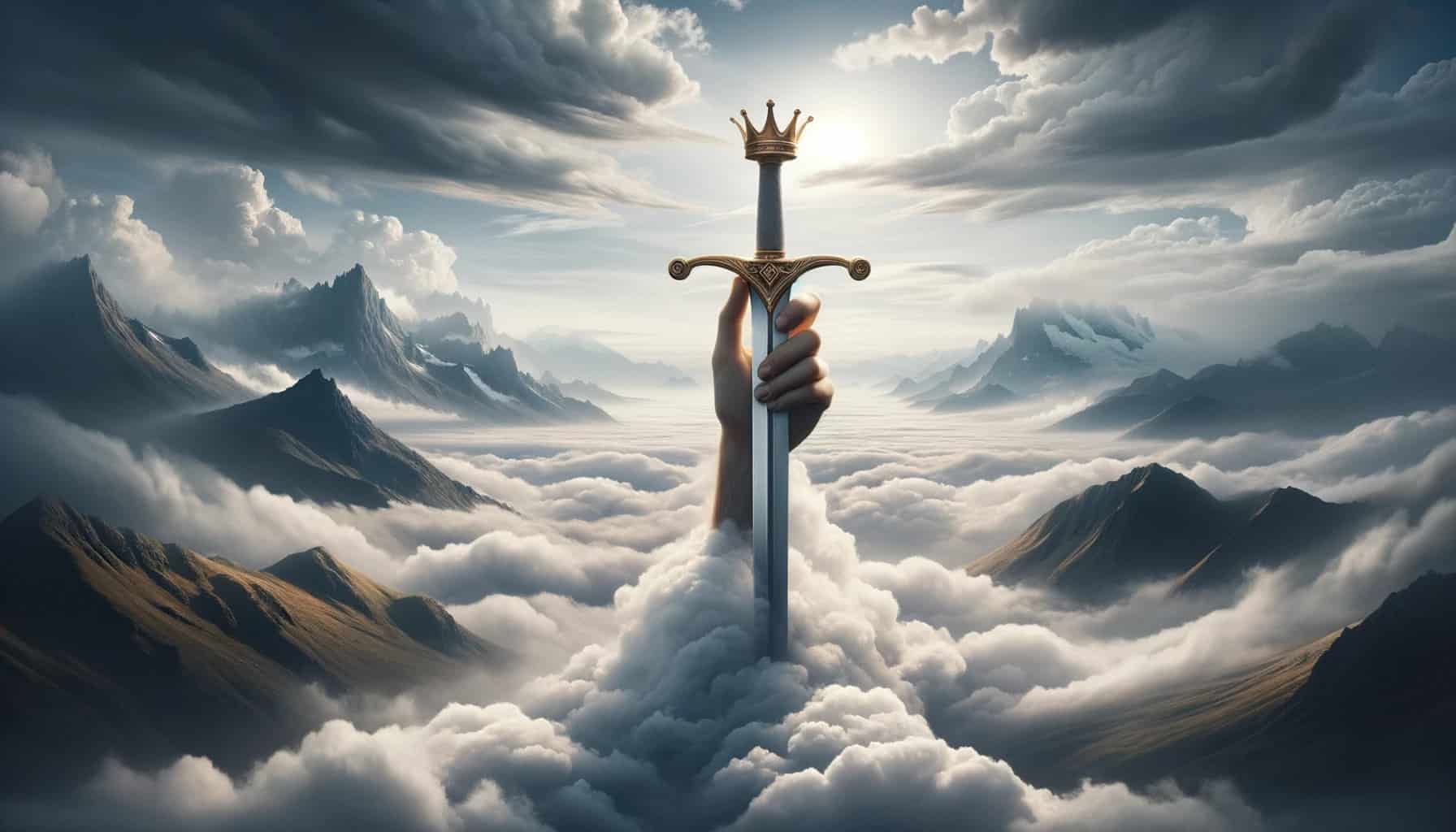 Photo representation of the Ace of Swords with an upright sword crowned by a golden crown. Distant mountains and a nebulous white cloud are in the background, with a hand emerging from the clouds holding the sword, symbolizing clarity and truth.