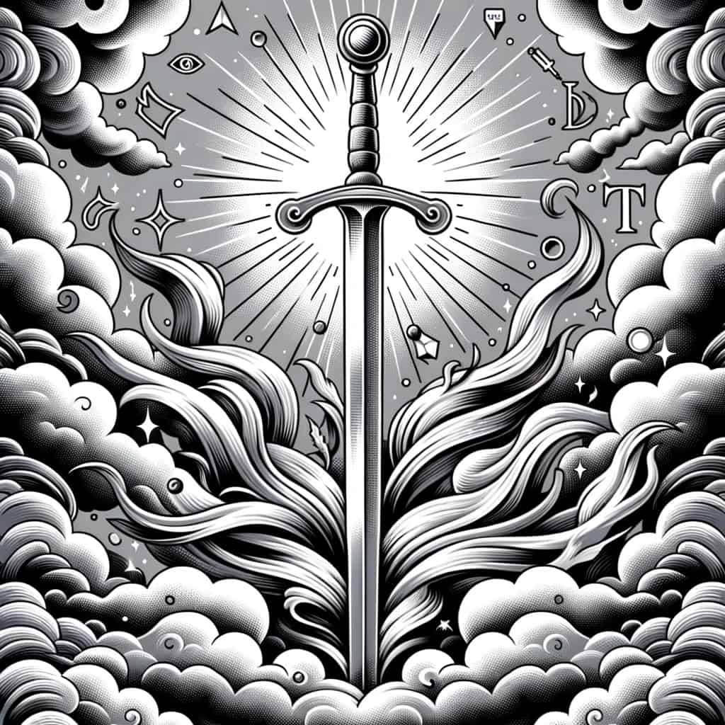 Illustration of the Swords suit, featuring a sharp, gleaming sword piercing through clouds, surrounded by gusts of wind and intellectual symbols, against a stormy gray sky.