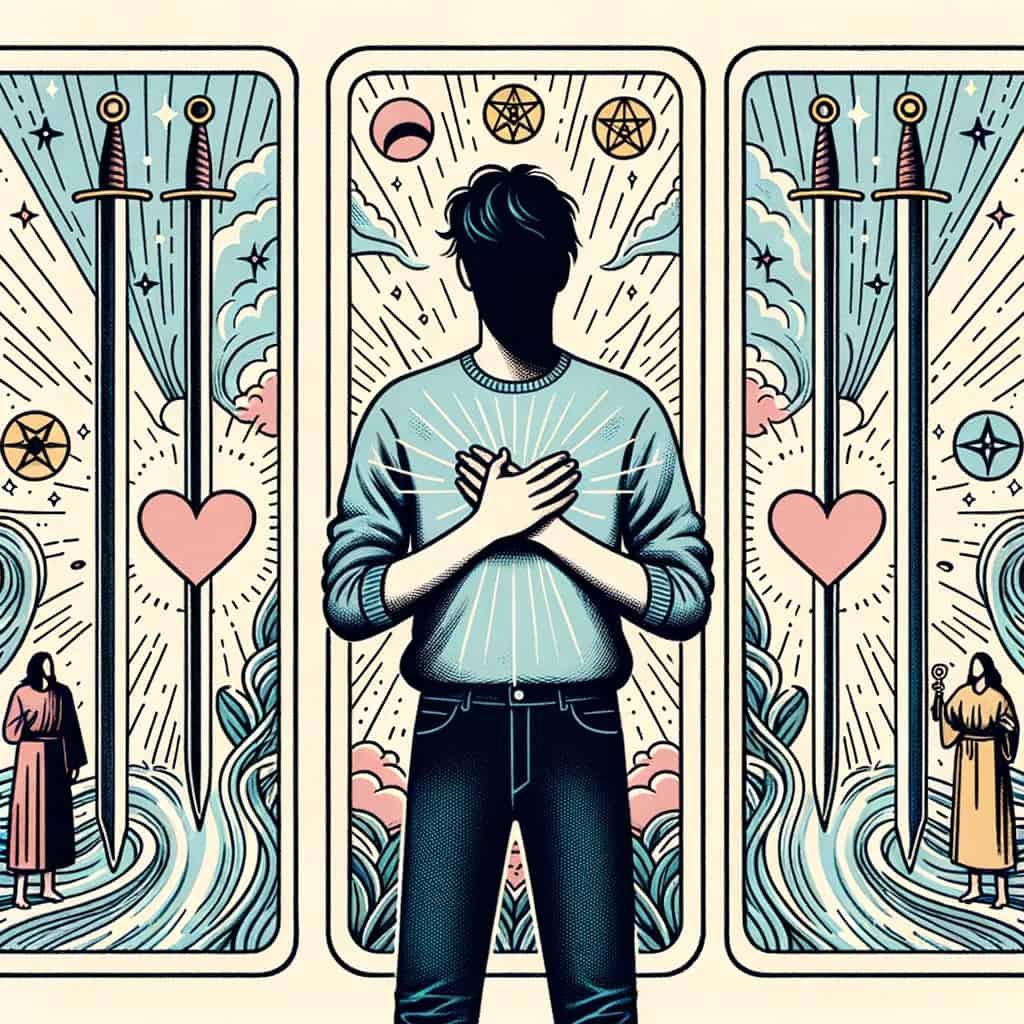 Illustration of a person with their hands over their heart, standing resolutely in front of the Three of Swords imagery. A transformative energy flows around them, indicating the process of healing and emotional recovery. Supportive figures and symbols of forgiveness and growth appear in the background, reflecting the card's guidance to face challenges with courage and seek help when needed.