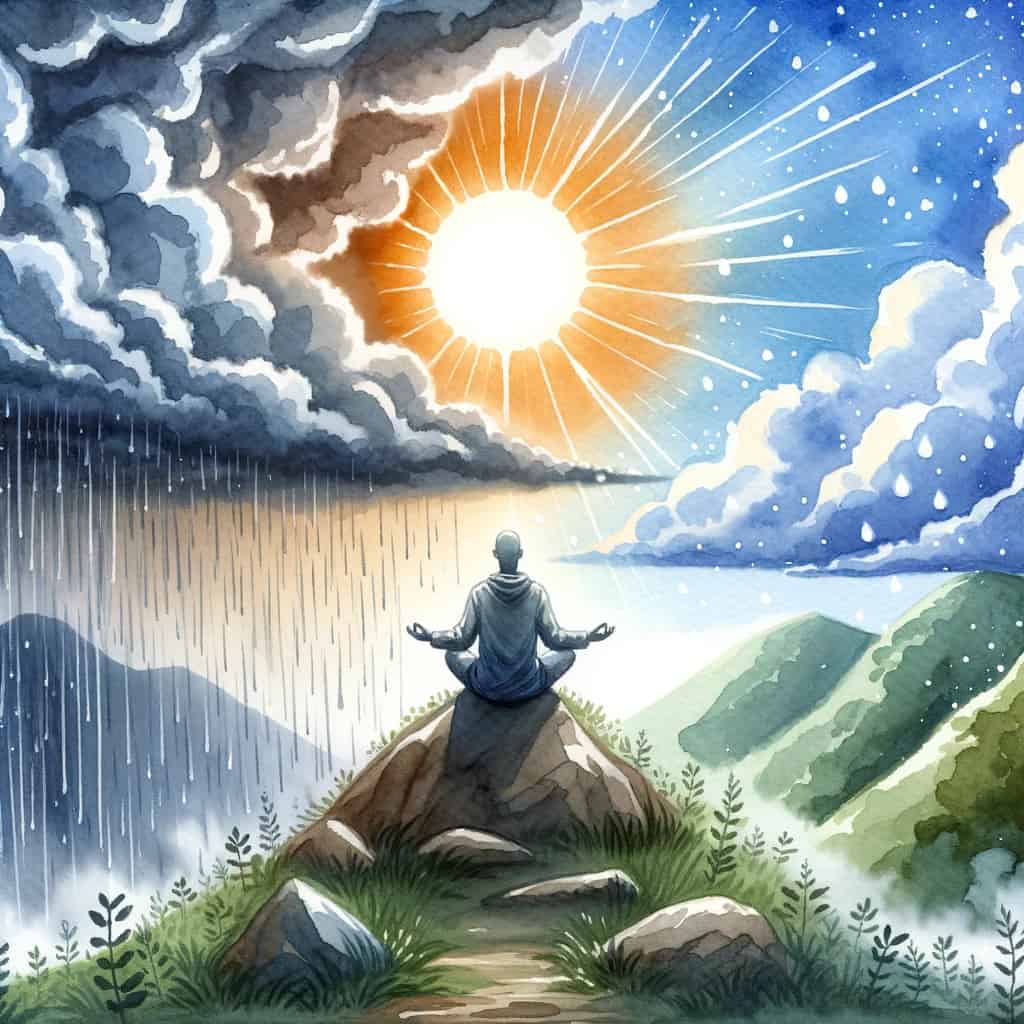 Watercolor painting of a person on a hilltop, meditating amidst a storm. As they focus on their inner peace, the storm starts to clear, revealing a radiant sun. This signifies the process of healing from emotional and physical pain through therapeutic and spiritual practices. The scene captures the essence of resilience, growth, and the promise of a brighter tomorrow after enduring life's challenges.