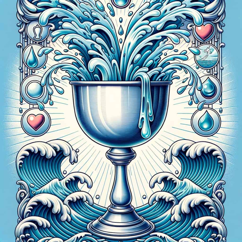Illustration of the Cups suit, depicting a silver chalice overflowing with crystal-clear water, surrounded by waves and emotional symbols, set against a serene blue backdrop.