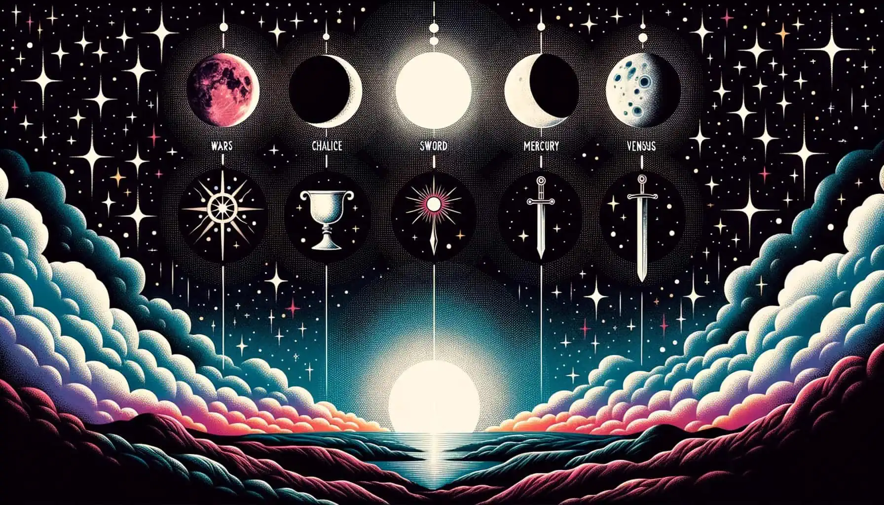 Artistic landscape illustration showcasing the Minor Arcana's connection to planets. Depicting the four symbols of the Minor Arcana (wand, chalice, sword, pentacle) arranged horizontally. Above each symbol, there's a celestial body: Mars for the wand, Moon for the chalice, Mercury for the sword, and Venus for the pentacle. The background is a deep cosmic space with twinkling stars, and a central sun casting a gentle glow over the entire scene.