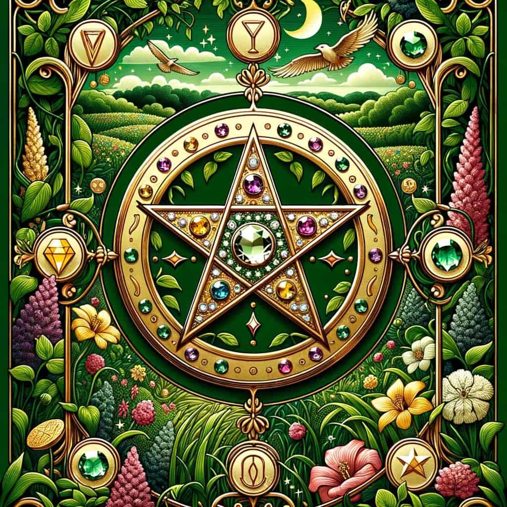 Illustration of the Pentacles suit, showcasing a golden pentacle encrusted with jewels, set amidst a lush garden with symbols of prosperity, against a rich green background.