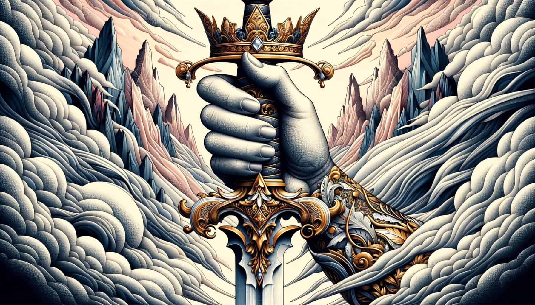 Artistic and stylish illustration of the Ace of Swords where the hand is grabbing the sword by the handle. The sword remains intricately designed with ornate patterns, and the golden crown is embellished with unique details. The backdrop retains the surreal interpretation of mountains and clouds, emphasizing the ethereal nature of the design.
