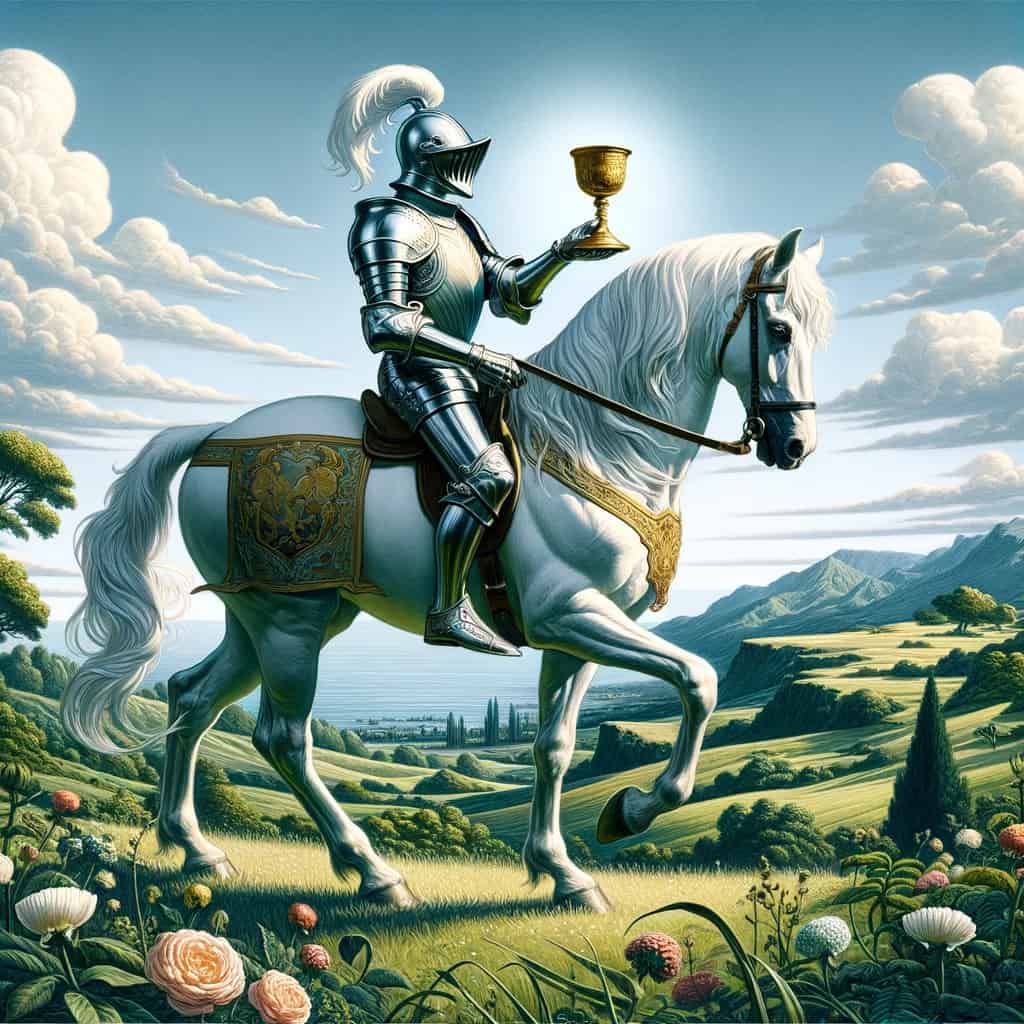 The Knight of Cups, symbolizing emotional openness and romantic gestures, rides across a fertile landscape on a horse, offering a golden cup.