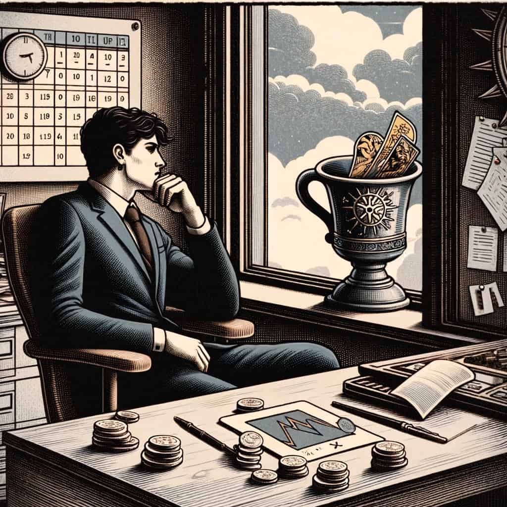 The reversed Knight of Cups tarot card portrays a figure in a monochromatic office space, gazing out the window with a sense of longing. An overturned cup spills out financial symbols, amidst the backdrop of time markers and declining charts, reflecting a contemplative atmosphere