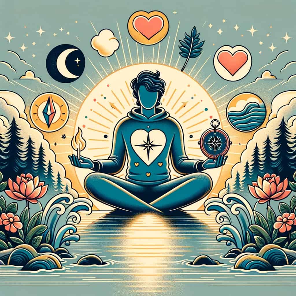 An individual exuding emotional maturity and contemplation sits by a tranquil lake, enveloped by symbols of emotion. They grasp a compass, hinting at a journey through a forest, symbolizing the quest for personal and intuitive growth.