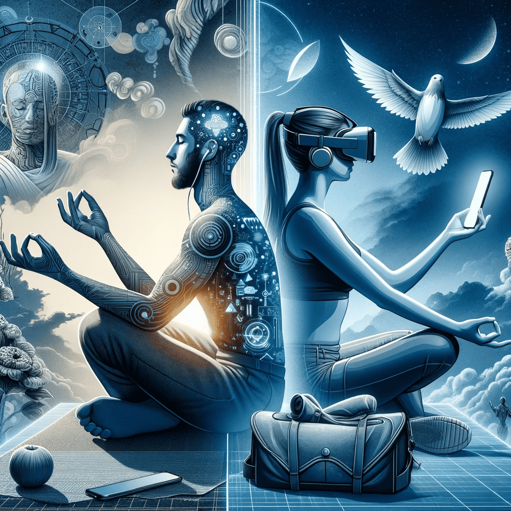 a person using a meditation app on their smartphone and another individual wearing a VR headset for a guided meditation experience