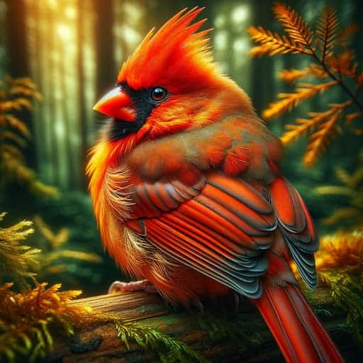 northern cardinal with orange and red feather