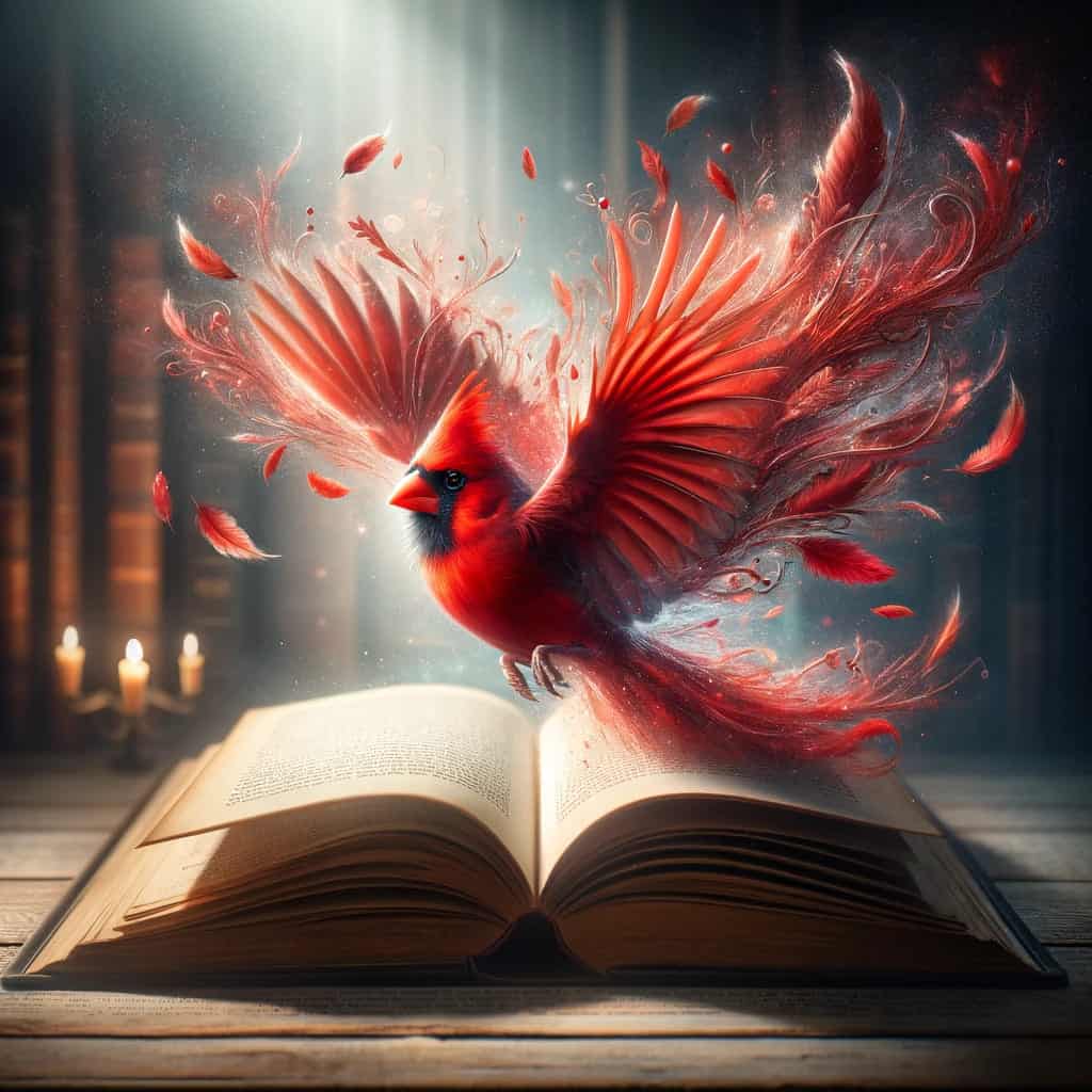 red bird appears out of a book