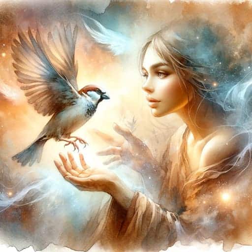 woman catching a sparrow