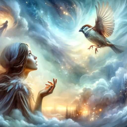 woman seeing a sparrow in the sky