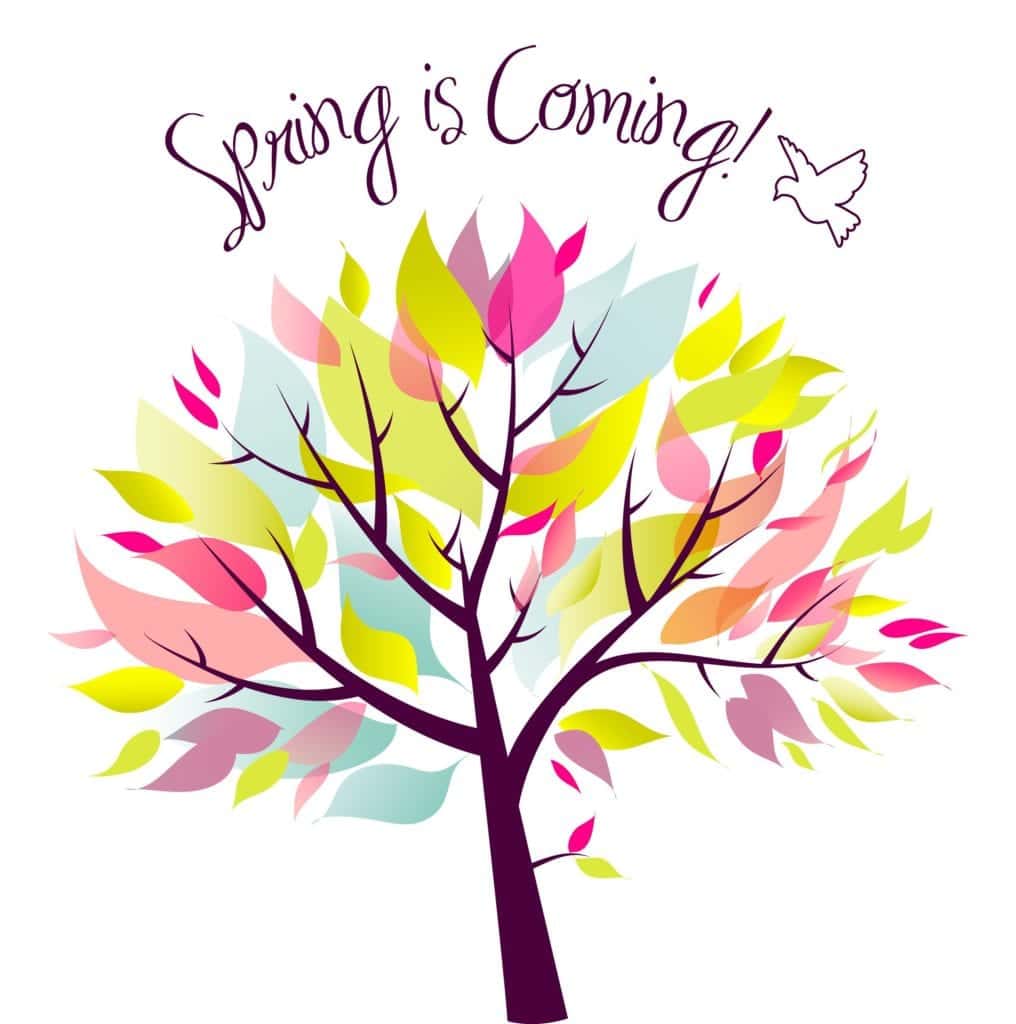 Spring season tree illustration with colorful leaves and “Spring Is Coming” text