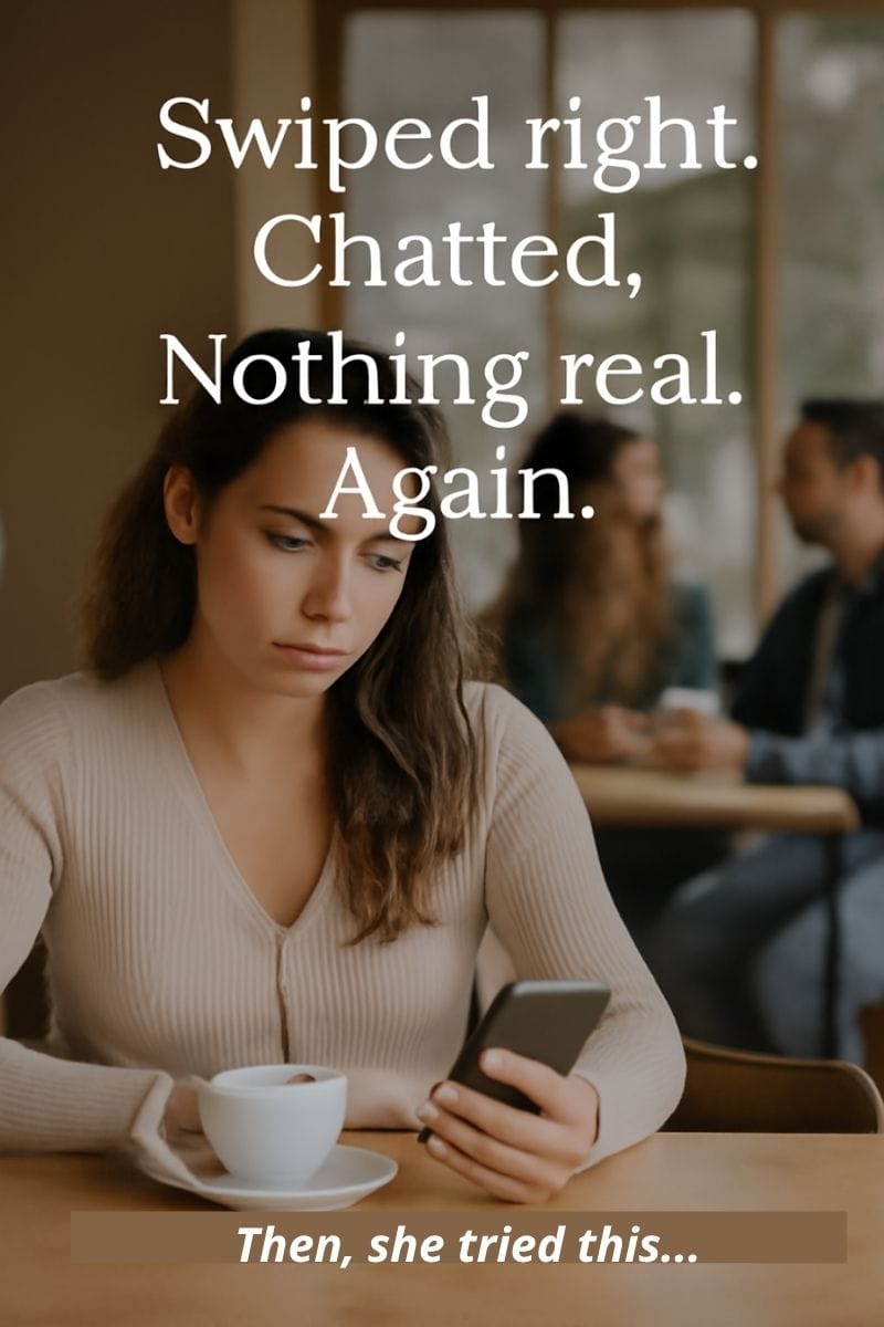 Woman sitting in a coffee shop, looking down at her phone with a white cup in front of her, illustrating the loneliness of dating apps