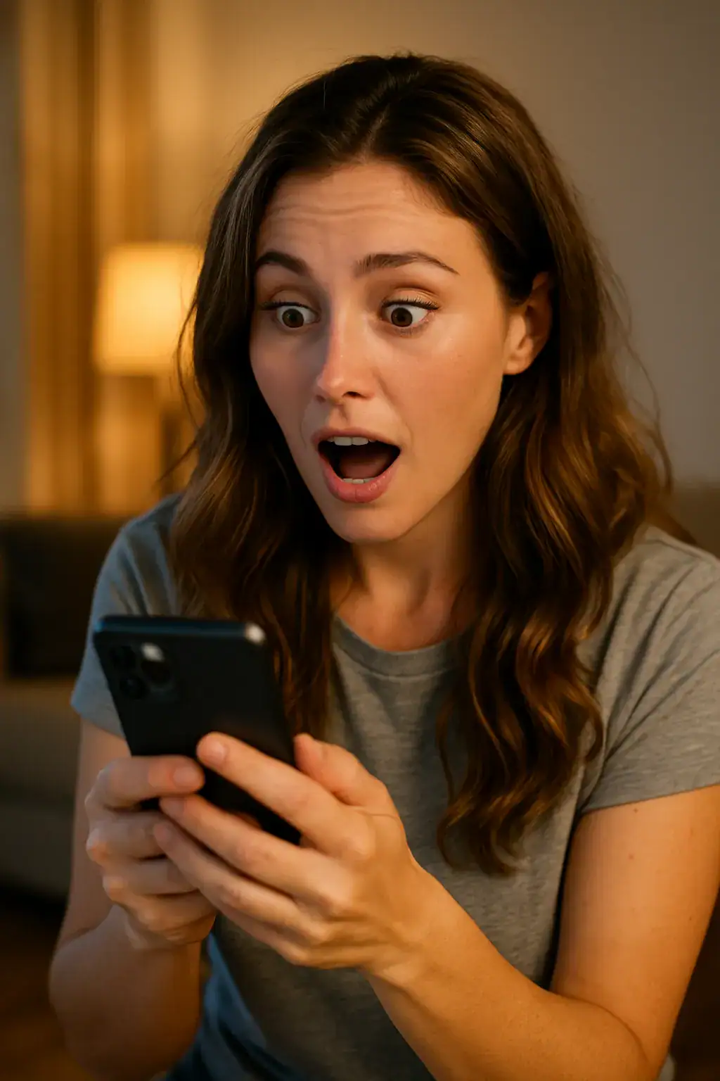 A woman sitting on a couch, holding her phone with a worried expression, waiting for a message.