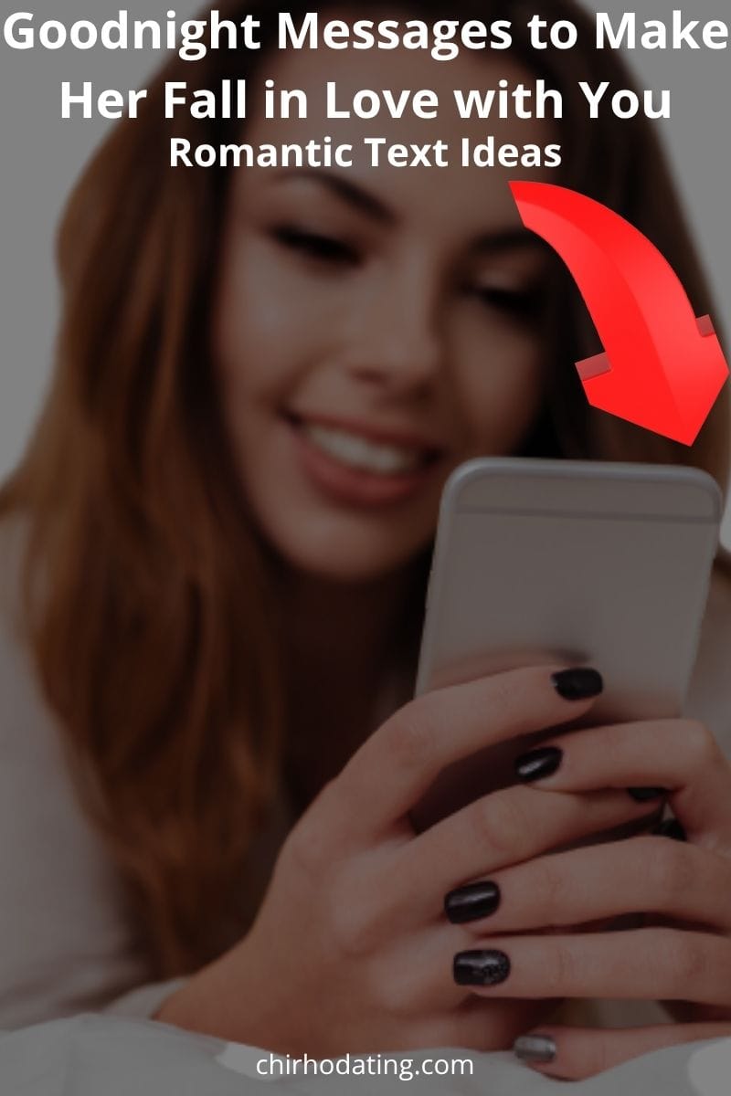 Woman lying in bed sending text messages, with a red arrow pointing from overlay text to her phone, illustrating goodnight messages to make her fall in love with you
