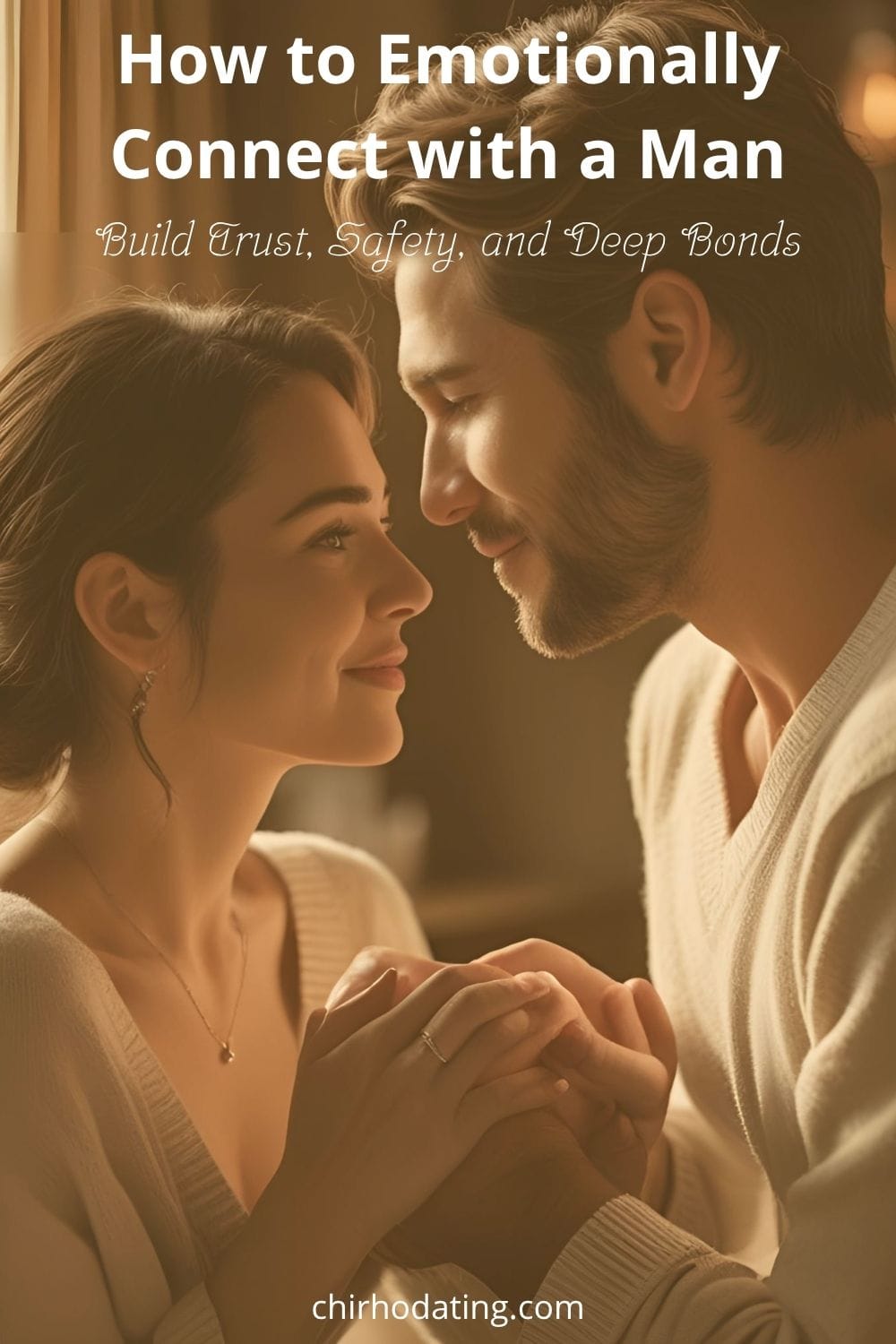how to emotionally connect with a man by building trust and intimacy, illustrated by a loving couple holding hands and gazing into each other’s eyes