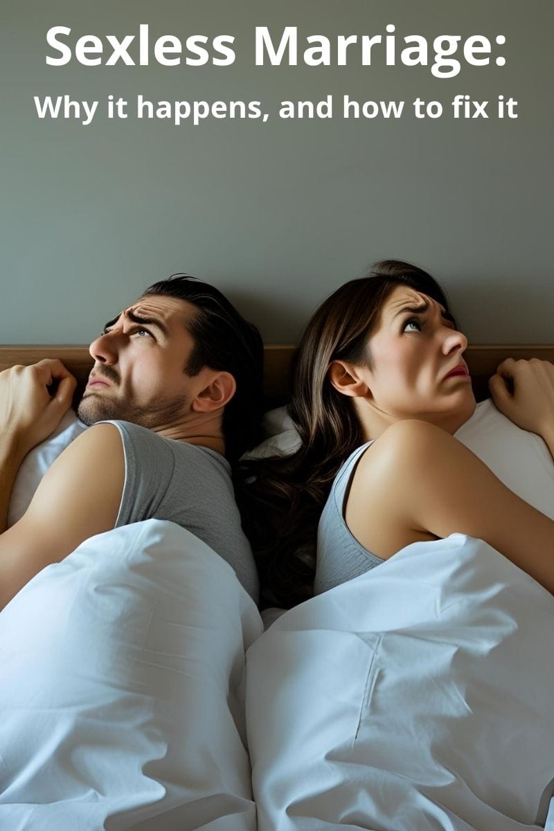 Couple lying back to back in bed, facing away from each other, symbolizing a sexless marriage