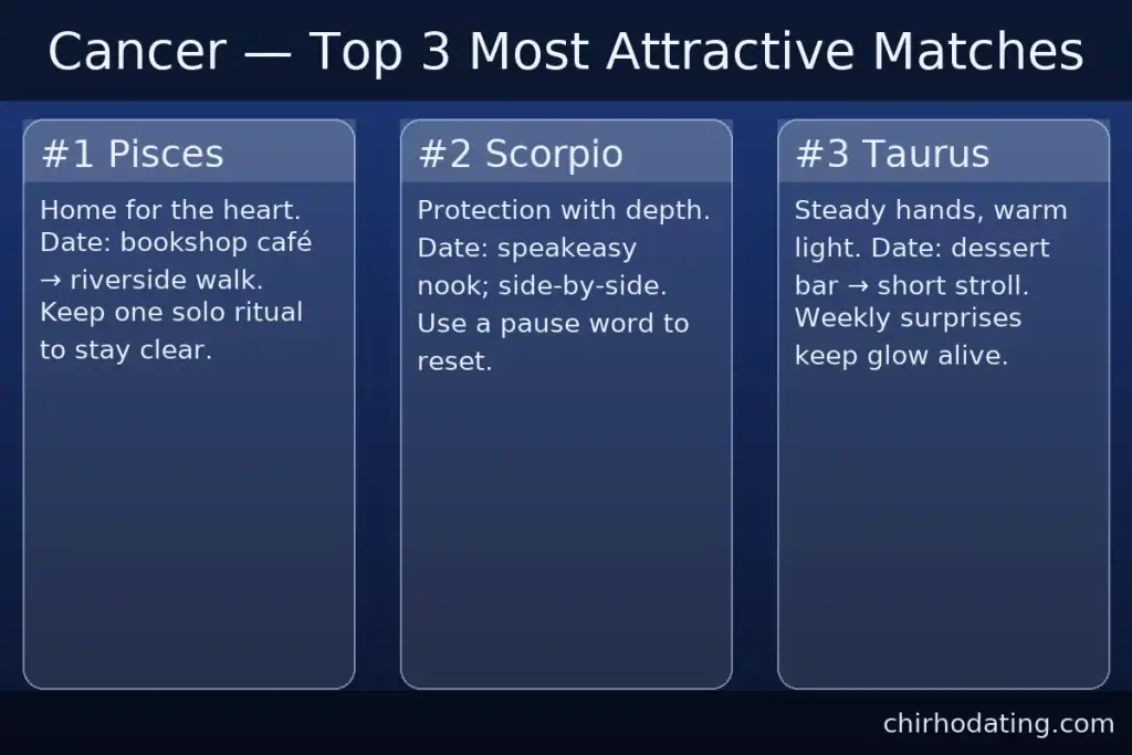 Cancer best matches—Pisces, Scorpio, Taurus—with reasons.