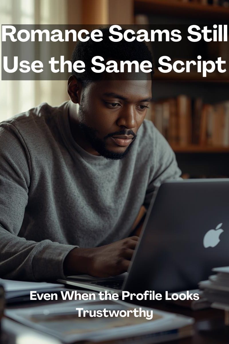 man looking at his laptop and chatting with someone who might be setting him up for a romance scam