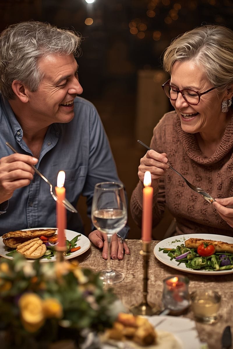 middle-aged couple enjoying a keto-inspired meal at a restaurant,