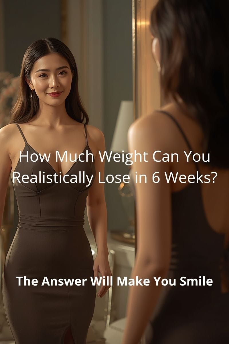 smiling Asian woman looking at herself in the mirror while wearing a tight dress