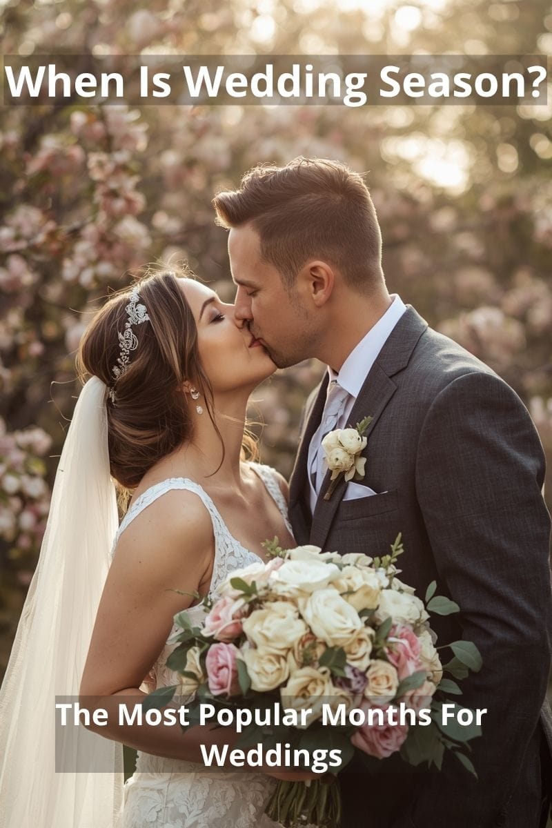 man and woman kissing on their wedding with overlay "When is wedding season"