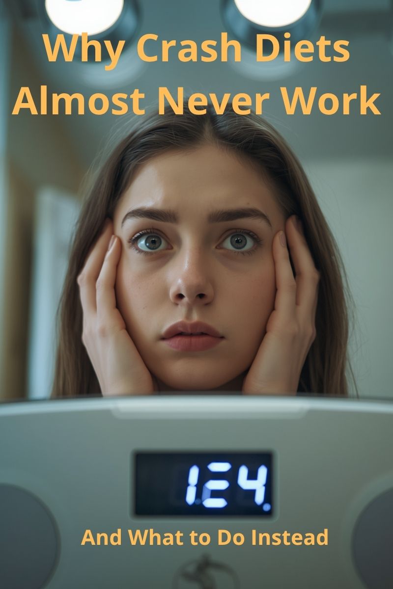 woman on a scale looking shocked with text overlay,