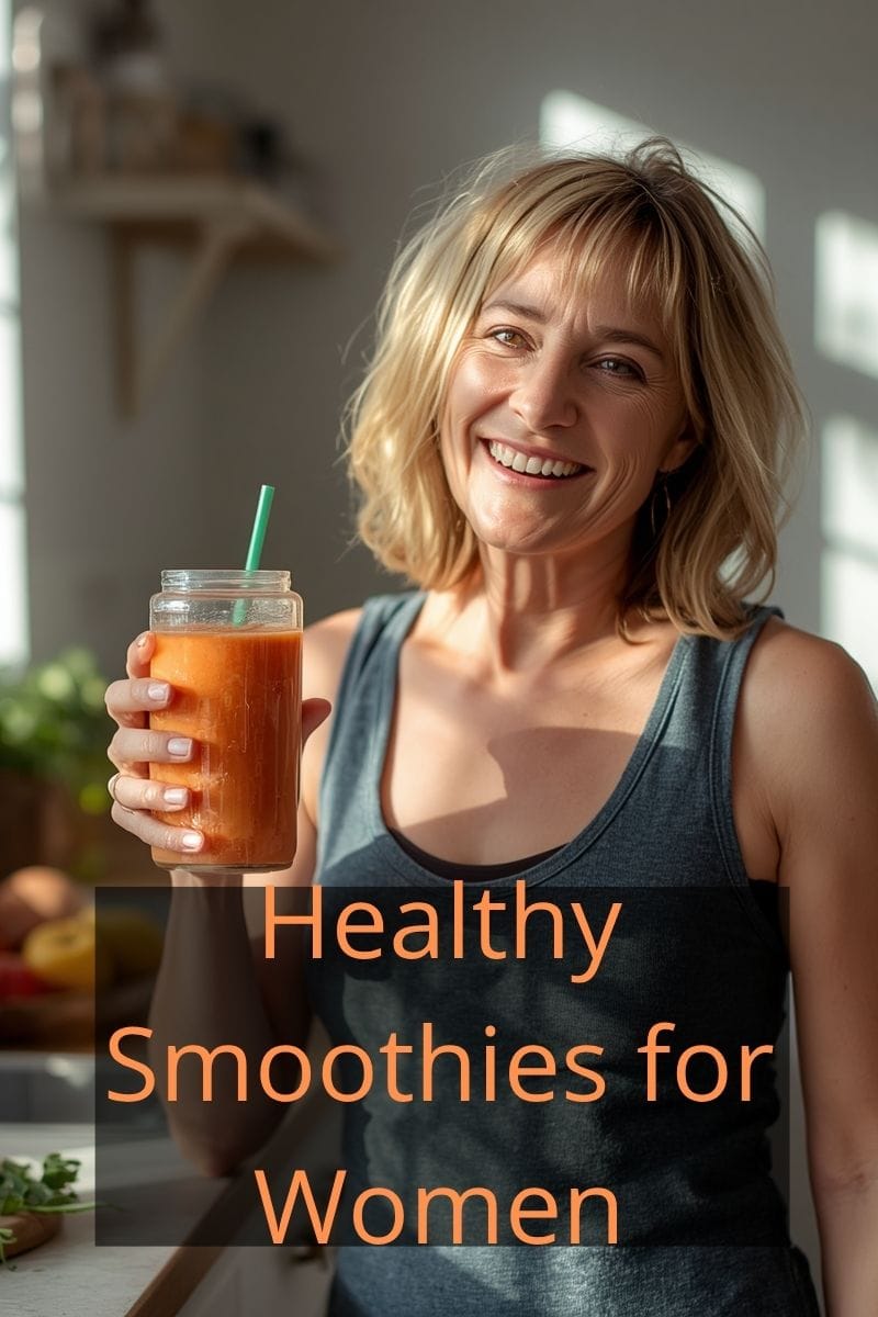 a middle-aged woman enjoying a colorful smoothie in her kitchen,