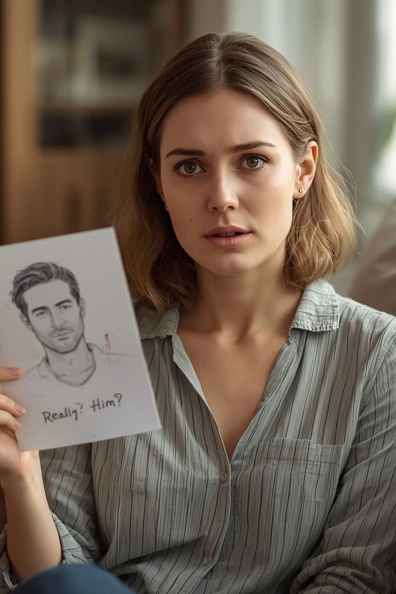 a woman showing a soulmate drawing that is obviously wrong