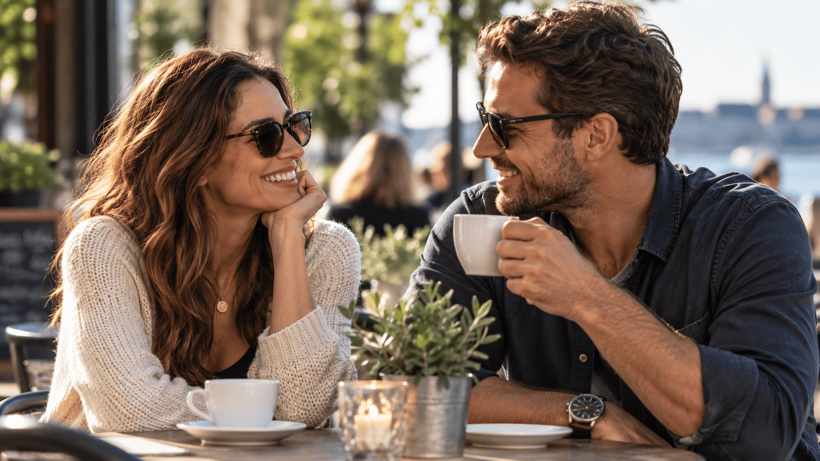 Couple enjoying a casual date at an outdoor café