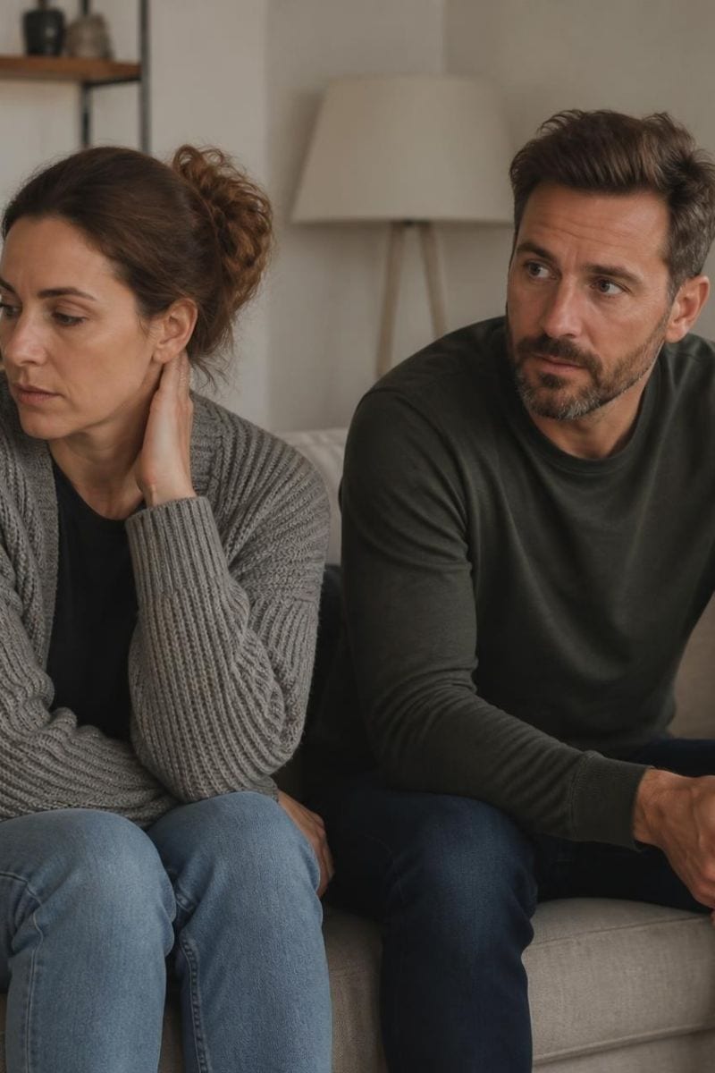 a man and a woman sitting on a couch with uncertain body language,