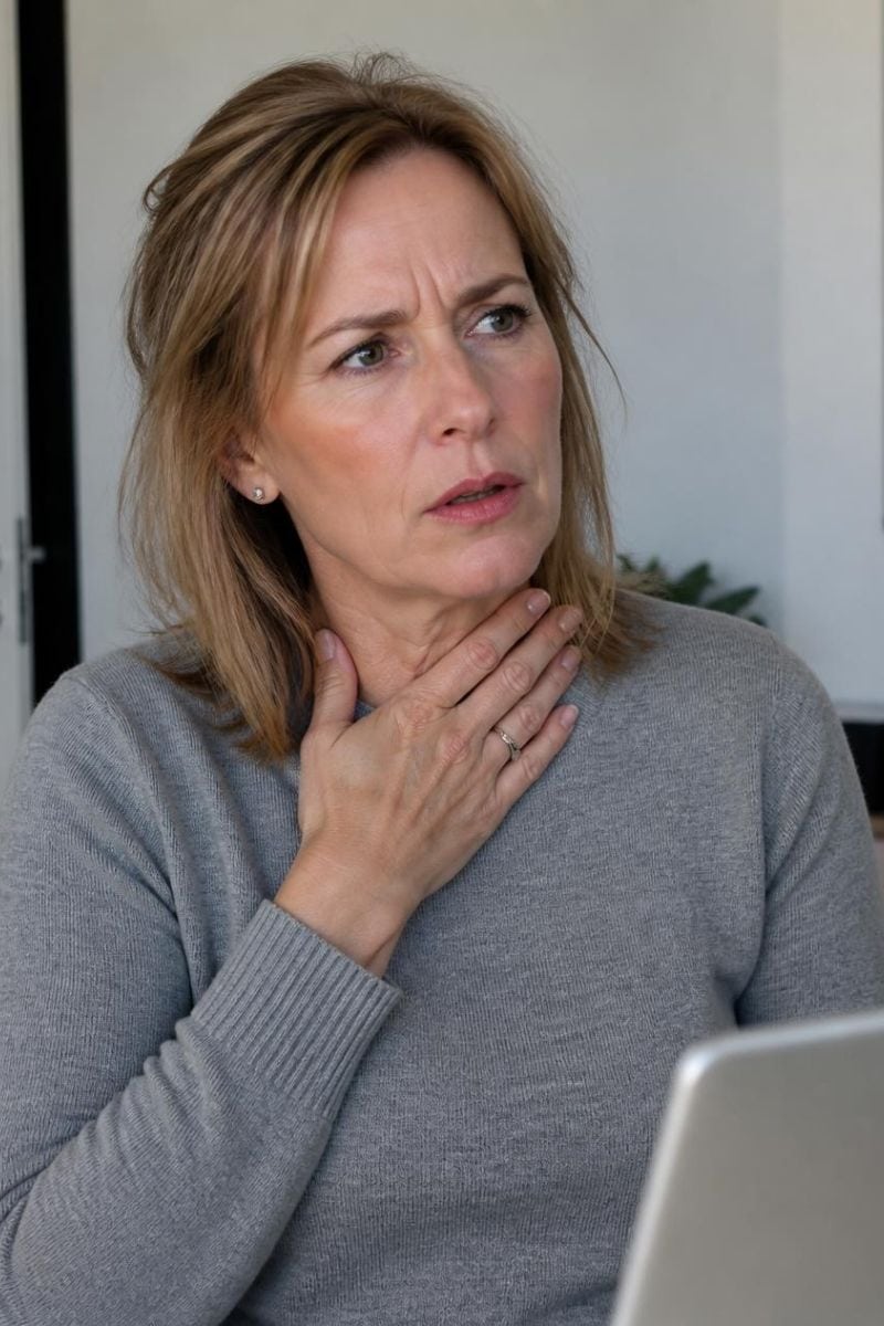 a woman experiencing hot flashes at work,