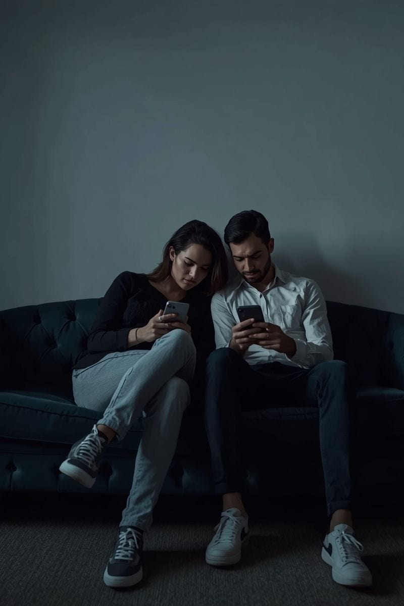 a man and a woman sitting in a sofa clearly emotionally disconnected