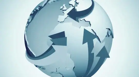 An illustration featuring a section of the planet Earth with arrows and multiple themes from environment to travel