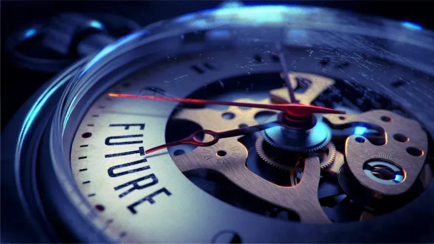 Future on Pocket Watch Face with Close View of Watch Mechanism