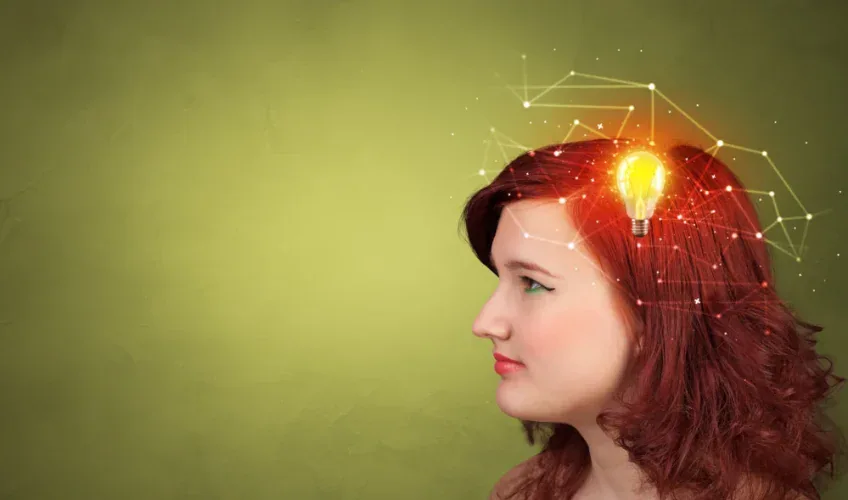 Head with new idea, lighting bulb and networking concept
