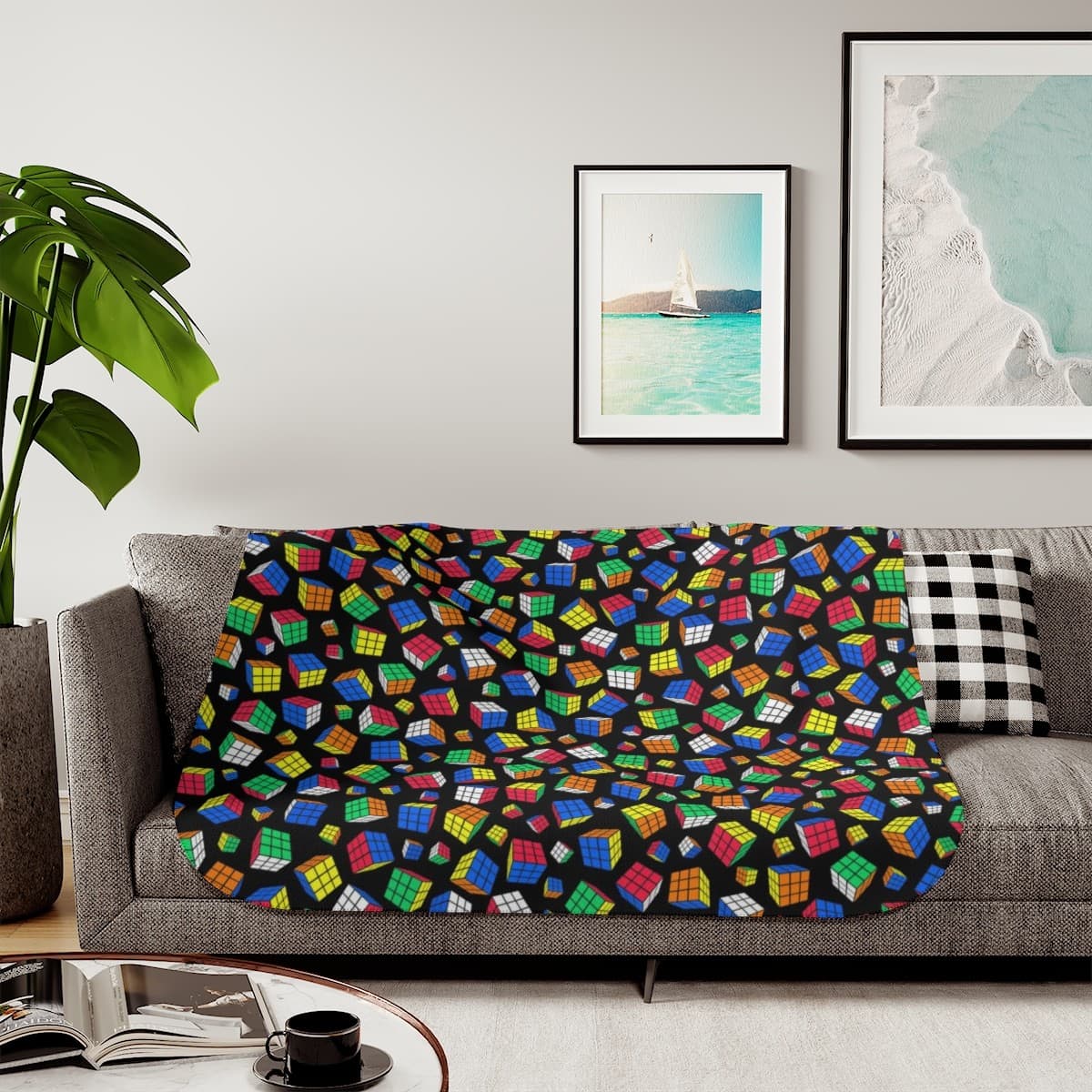 Cubes All Over - Sherpa Fleece Blanket Covered With Rubik's Cubes With a Black Background - Image 19