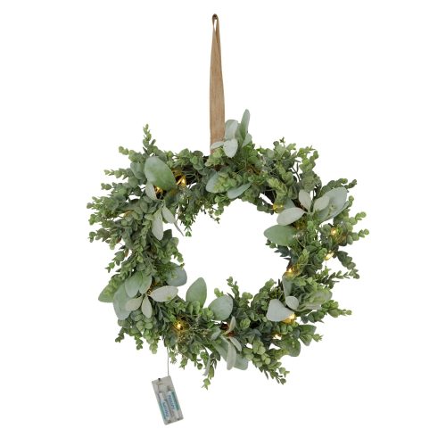 Winter Wreath with LED, Artificial Eucalyptus And Lambs Ear - 60cm x 41cm