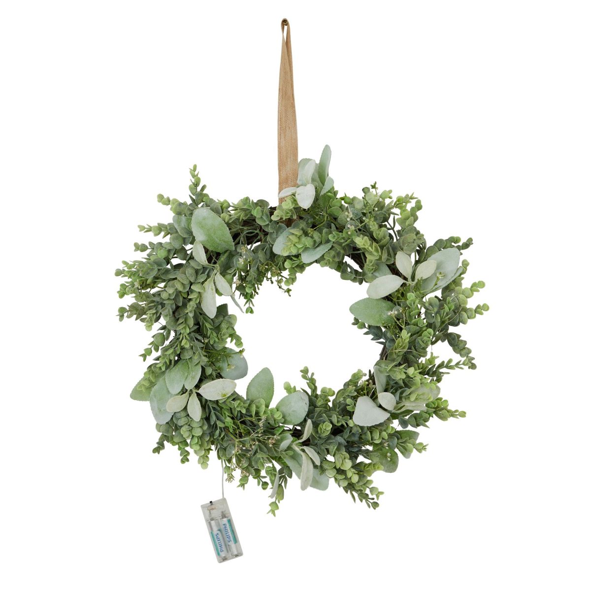 Winter Wreath with LED, Artificial Eucalyptus And Lambs Ear - 60cm x 41cm